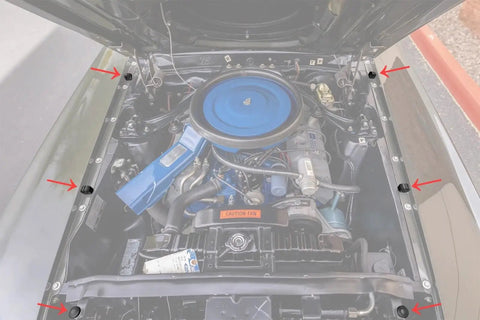 Direct Fit Radiator Support and Hood to Fender Rubber Bumpers Kit for 1969 1970 Mustang Six Piece Set installed in car engine bay.