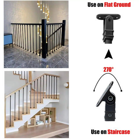 Top Tier Adjustable Black Wrought Iron Stair Railing For Indoor And Outdoor Deck Projects featuring adjustable installation on flat ground and staircase.