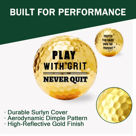 Gold Golf Balls Gift Set With Four Tees For Men Personalized Golf Balls With Inspirational Quotes Dope Retirement Gift For Fathers Day And Birthday Golfer Premium 4 Ball Set with "Play with Grit" quote shown.