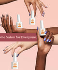 Diverse hands holding bottles of Gel Polish Set 112 Piece HEMA Free With 108 Colors Nail Polish Kit Soak Off UV LED.