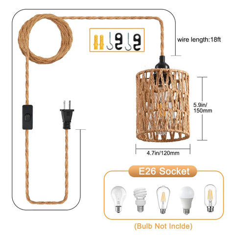 Plug And Play Pendant Light Hand Braided Natural Hemp Rope Hanging Lamp Industrial Farmhouse Style With Toggle Switch For Dining Room Kitchen, 18ft cord and E26 socket.