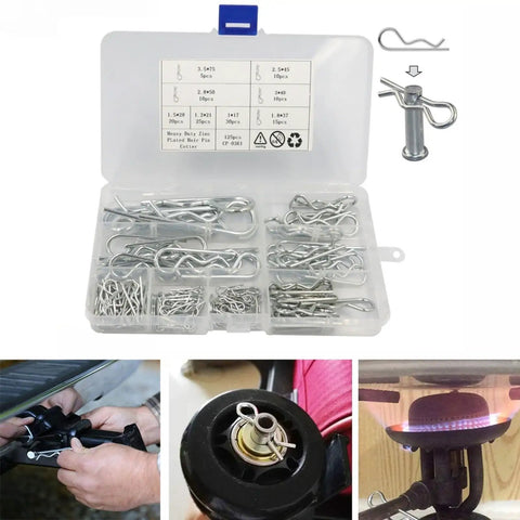 125-Piece Carbon Steel R-Type Cotter Pins Kit With Wave Shape Clips, Rust-Resistant Zinc Finish, assorted sizes in box with usage examples