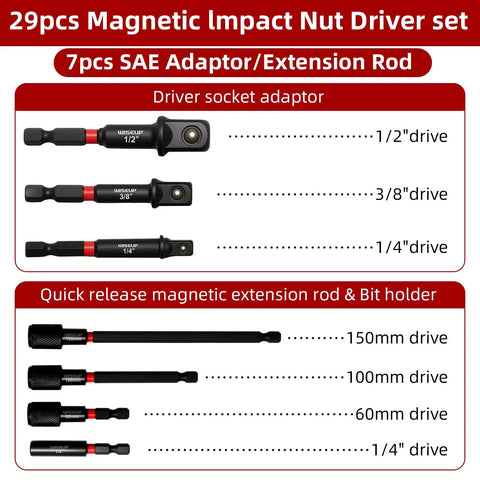 Beast Pro Grade Heavy Duty 29 Piece Magnetic Nut Driver Set with Impact Drill Bits showing SAE adaptor and extension rods