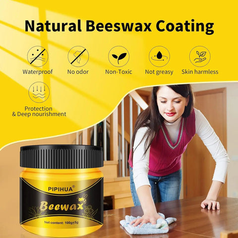Woman polishing wooden table with Beeswax Wood Polish And Conditioner Kit For All Finishes With Waterproof Restorer Multipurpose.