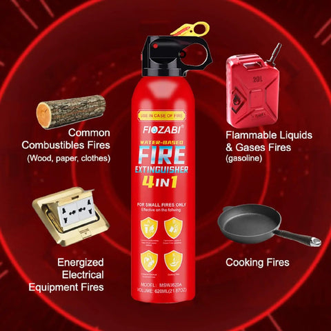 Slick Heavy Duty Fire Extinguisher Spray With Wall Bracket Snuffs Out Flames Fast And Stops Reignition Zero Hassle Cleanup For Car House Van Trailer Water Based Protection 620 Ml Bulk 24 Pack on display with fire types.