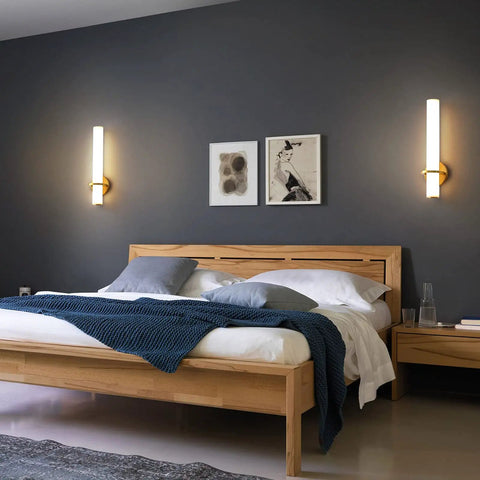 Bedroom with Two Pack Gold Bathroom Wall Sconces 18 Inch Modern LED Dimmable Wall Lights With Acrylic Lampshades Brushed Gold Finish