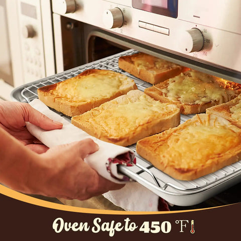 Half Sheet Baking Pan With Wire Cooling Rack Set For Oven Cooking 17.7 By 13 Inch Stainless Steel Rimmed Tray with cheese toast
