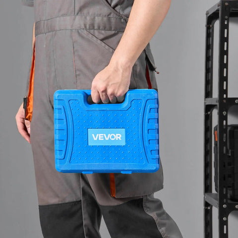 Person holding blue portable storage case for Beefy 21 In 1 Bearing Puller Set With Heavy Duty 3 Jaw Hooks for bearings.