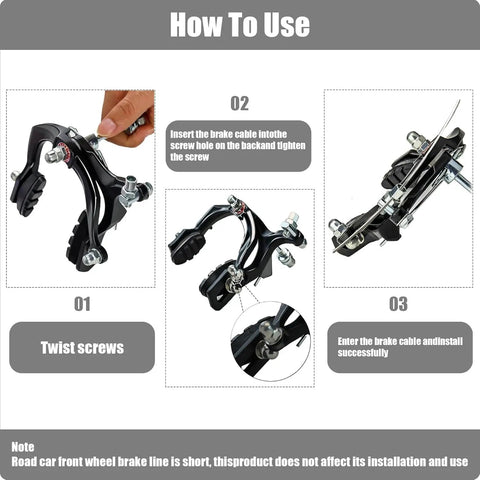 Step-by-step guide showing installation of All In One Complete Front And Rear C Type Bike Brake Set With Levers And Cables for MTB
