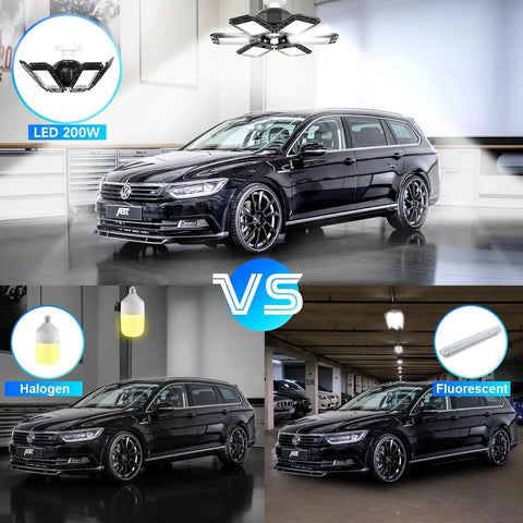 Comparison of LED 200W light vs halogen and fluorescent lighting on a car, featuring Two Pack Deformable LED Garage Lights 200W 20000LM 6500K Ultra Bright Shop Light With 6 Adjustable Panels And 270 Degree Coverage, Easy No Tool Install For Garage, Workshop, Attic, And Warehouse.