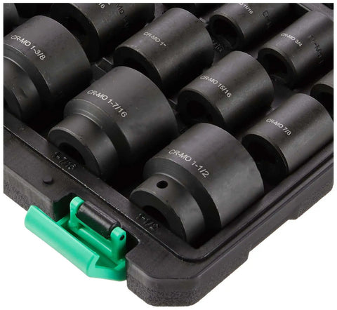 19 Piece One Half Inch Drive 6 Point Shallow Impact Socket Set With Cr-Mo Steel, SAE Size Markings in heavy duty case