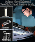 Person using 2000 Lumen LED Work Light With 20V Lithium Battery Compatibility for auto repair, showcasing floodlight, flashlight, and hook features.