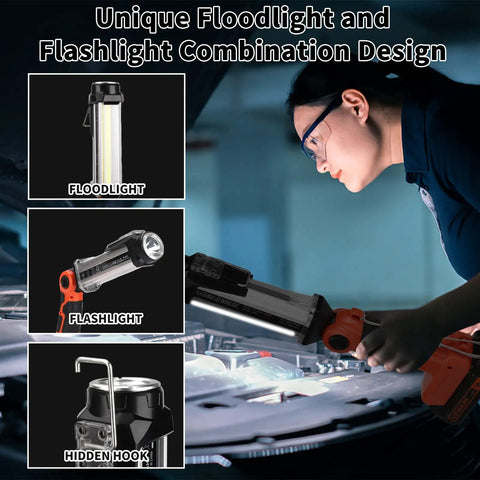 Person using 2000 Lumen LED Work Light With 20V Lithium Battery Compatibility for auto repair, showcasing floodlight, flashlight, and hook features.