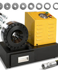 Pro Level Electric Hydraulic Hose Crimper With Eight Slick Dies For No Sweat Quarter To One Inch Seals On Automotive AC And Heavy Duty Farm Gear Portable 110 Volt Power Setup For Reliable Fuel Line And Hydraulic Repair Jobs.