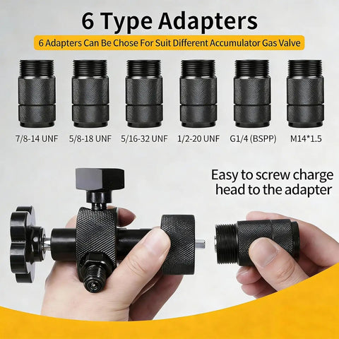 Hydraulic Accumulator Charging Kit With Three Gauges 1500 4000 6000 PSI Six Adapters showing different thread sizes and couplings.