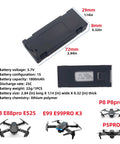 2 Pack 3.7V 1800mAh LiPo Battery With USB Charging Cable For E88 E88PRO E88MAX Drones, dimensions and drone models shown