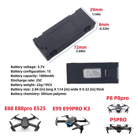 2 Pack 3.7V 1800mAh LiPo Battery With USB Charging Cable For E88 E88PRO E88MAX Drones, dimensions and drone models shown