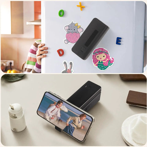 Two In One Mini Bag Sealer With 4.7 Inch Heat Sealer shown on fridge, phone stand feature displayed on table