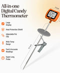 All-in-one digital candy thermometer with large LCD, pot clip, 10-inch stainless steel probe, hands free use