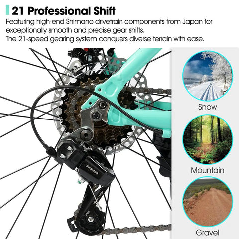 21-speed drivetrain of 26 Inch Mountain Bike For Adults With 21 Speed Drivetrain, Front Suspension Fork, Dual Disc Brakes, High Carbon Steel Frame, Urban Commuter Bike For Men And Women, Great For Trails And City Streets
