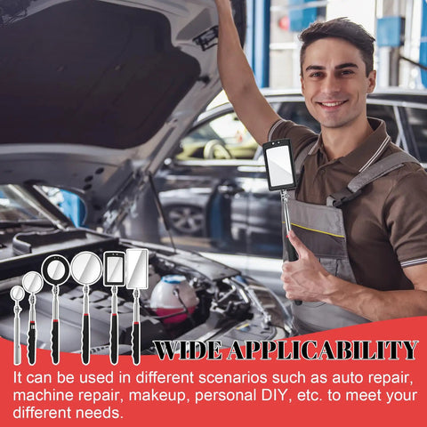 Six Piece LED Telescoping Inspection Mirror Set With Retractable Under Vehicle Mirror Tool Car Visual Reflector For Tight Spots And Quick Underbody Checks Multi Size Auto Mirror Kit in use by mechanic for engine inspection