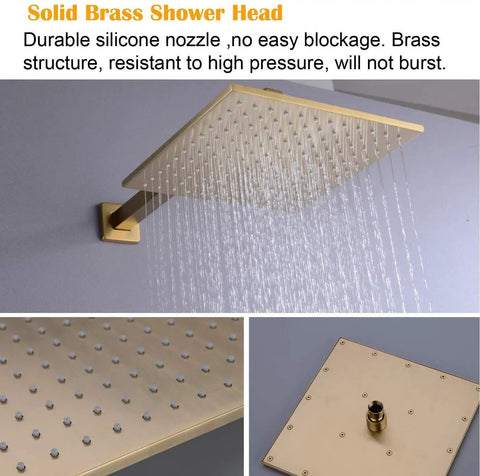Premium Brushed Gold Shower Faucet Set Featuring 10 Inch Square Rainfall Head And Handheld Sprayer Wall Mounted Bathroom Mixer Valve Combo with solid brass shower head.