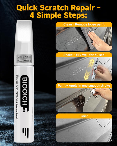 Exact Color Match Touch Up Paint Pen For Cars Chip And Scratch Repair Quick Silver Tesla PN00 Easy Blend in use, four steps