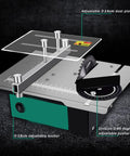 Heavy Hitter Mini Table Saw With Nifty Quick Change Blades For Precision Diy Cuttings And Wood Engraving Compact Workshop Tool showing adjustable features and blade.