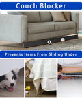 Adjustable Under Couch Blocker With Hella Secure Elastic Strap Blocks Toys And Small Items From Sliding Under Furniture, shown under a couch.