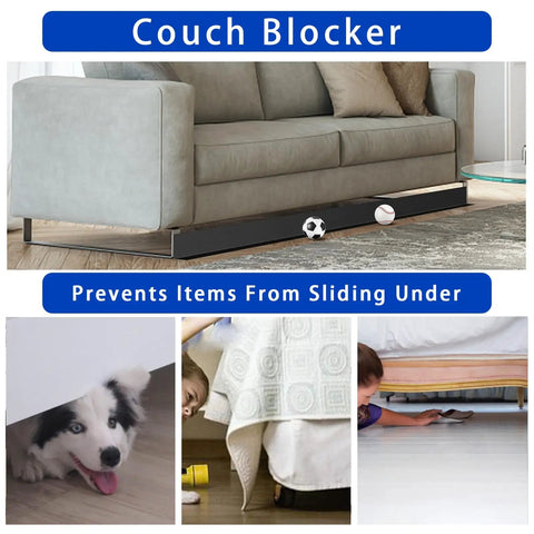 Adjustable Under Couch Blocker With Hella Secure Elastic Strap Blocks Toys And Small Items From Sliding Under Furniture, shown under a couch.