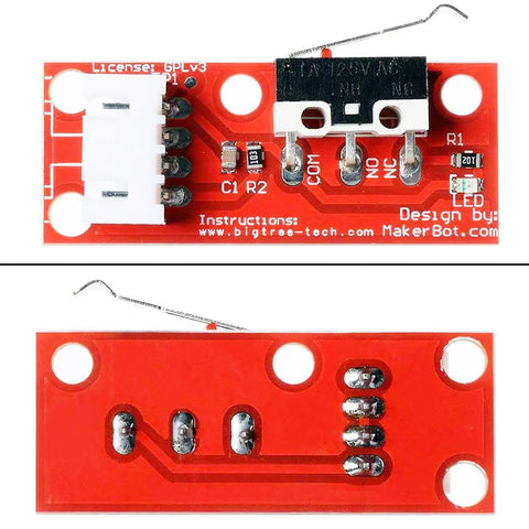 Front and back view of a mechanical endstop switch module with connector for 3D printers, part of the 10 Piece Mechanical Endstop Limit Switch Module With 70cm Cable For 3D Printers CNC RepRap Arduino Mega 2560 RAMPS 1.4 Plug And Play Endstop Switch Set No Fuss Easy Install