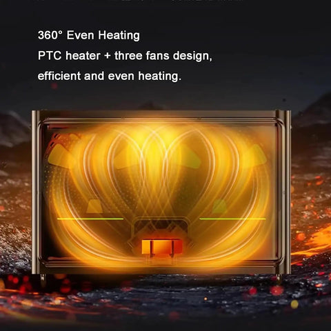 Kickass Smart 3D Printer Filament Dry Box Holds Four Spools With Intelligent Humidity Control Triple Fans And Large Touchscreen, showcasing 360° even heating with PTC heater.