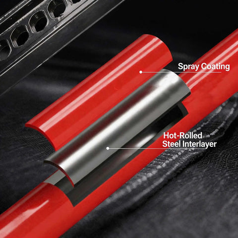 Cross-section of Beefy 3 Ton Ratcheting Farm Jack with red spray coating and hot-rolled steel interlayer