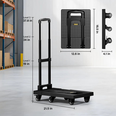 No Assembly Folding Hand Truck Dolly Cart With 440 Lb Capacity, extendable handle and heavy duty wheels, dimensions shown