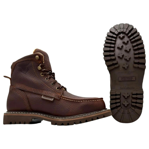 Front and sole view of 6-Inch Moc Toe Work Boots for Men in Ocre Brown Full Grain Leather, Oil Resistant and Slip-Resistant Traction Boots
