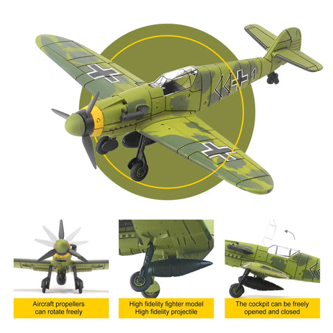 BF 109 Fighter Model Kit 1 To 49 Scale For Adult Collectors Gray Plastic Assembly Kit Snap Fit Display Model Of WWII German Aircraft For History Nerds And Plane Enthusiasts showing cockpit and propeller details.