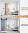 Comparison of space-saving bifold closet door and traditional barn door installation in modern interior setting.