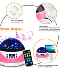Kids Night Light Projector With Timer And Music showing power options; batteries, adapter, and USB for starry sky bedroom use.