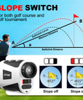 Golf Rangefinder With Slope And Magnetic, Coach Mode And Triangulation, Upgraded Laser Rangefinder, 1200 Yard Range, 7X Magnification, Seven Modes For Golf And Hunting, Easy Pin Lock For Men And Women showing slope switch and slope on/off display
