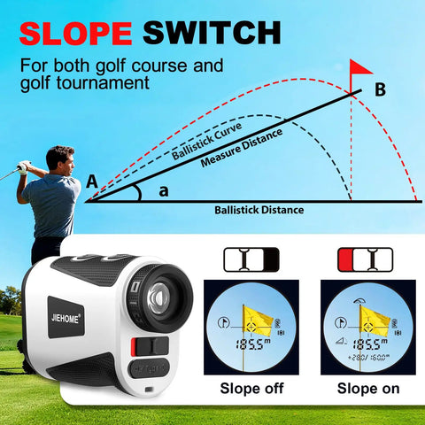 Golf Rangefinder With Slope And Magnetic, Coach Mode And Triangulation, Upgraded Laser Rangefinder, 1200 Yard Range, 7X Magnification, Seven Modes For Golf And Hunting, Easy Pin Lock For Men And Women showing slope switch and slope on/off display