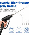 High Pressure Washer Nozzle Kit With Stainless Steel Flush Wand Extension Tips Quick Connect For AC Coils And Appliances Grime Busting Power That Reaches Tight Spots In Washing Machines Water Heaters And More, showing hand holding black spray nozzle and four stainless tips.