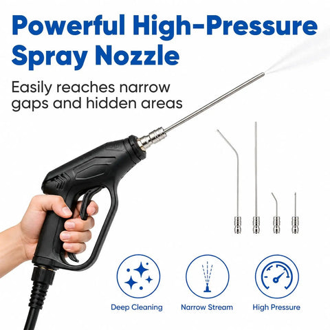 High Pressure Washer Nozzle Kit With Stainless Steel Flush Wand Extension Tips Quick Connect For AC Coils And Appliances Grime Busting Power That Reaches Tight Spots In Washing Machines Water Heaters And More, showing hand holding black spray nozzle and four stainless tips.