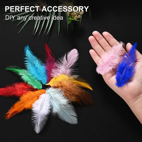 Assorted colorful feathers in hand; Bulk 300 Pack Saddle Hackle Rooster Feathers 3 To 6 Inches Natural Fluffy for Crafting, Weddings.