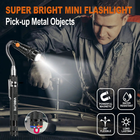 Man using Magnetic Pickup Tool And 6 In 1 Multitool Pen with LED light to pick up metal objects under car hood.