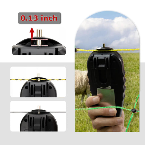 Backlit LCD Electric Fence Voltage Tester With Fault Finder, 200V To 15,000V Range, shown measuring green fence wire