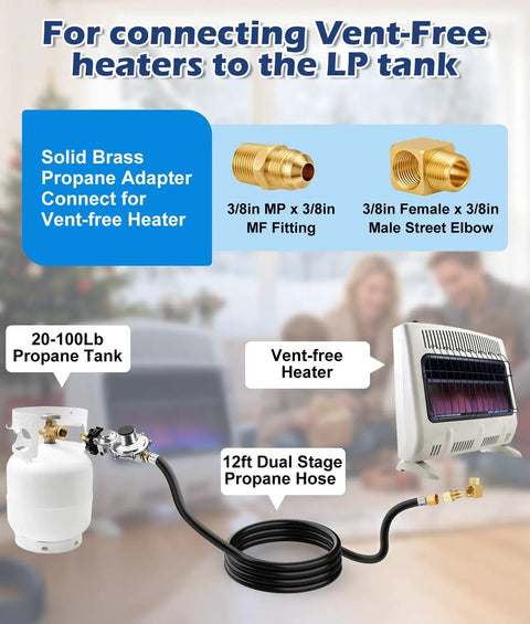 12 Ft Two Stage Propane Regulator Hose With Three Eighths Inch Female Port connected to propane tank and heater