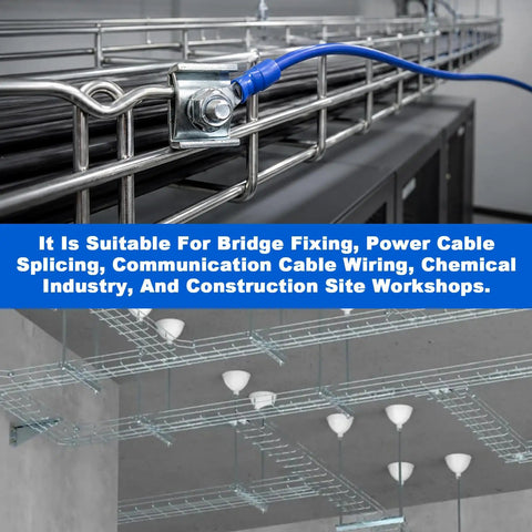 Galvanized Wire Connector Clips 100 Pack Heavy Duty Wall Cable Tray Holder with cables secured on a sturdy metal tray.