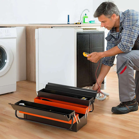 22-Inch Cantilever Tool Box With 5 Trays And 3 Layers open, showing tools, in a kitchen with a man repairing an appliance