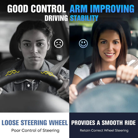 Side-by-side comparison of steering control with loose and stable steering wheels, illustrating driving performance improvement.