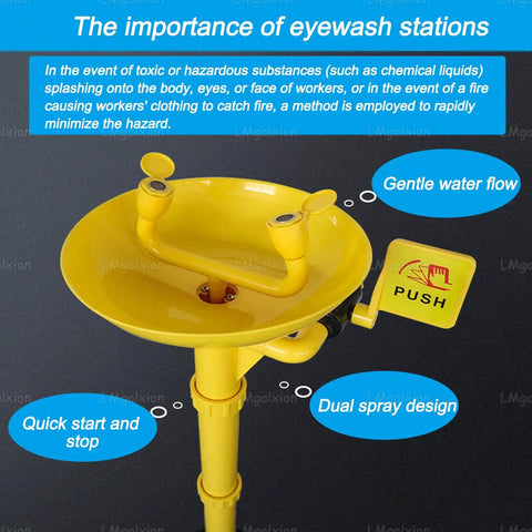 Vertical Eyewash And Shower Station For Industrial And Lab Shop Floor Safety, yellow eyewash basin with push handle